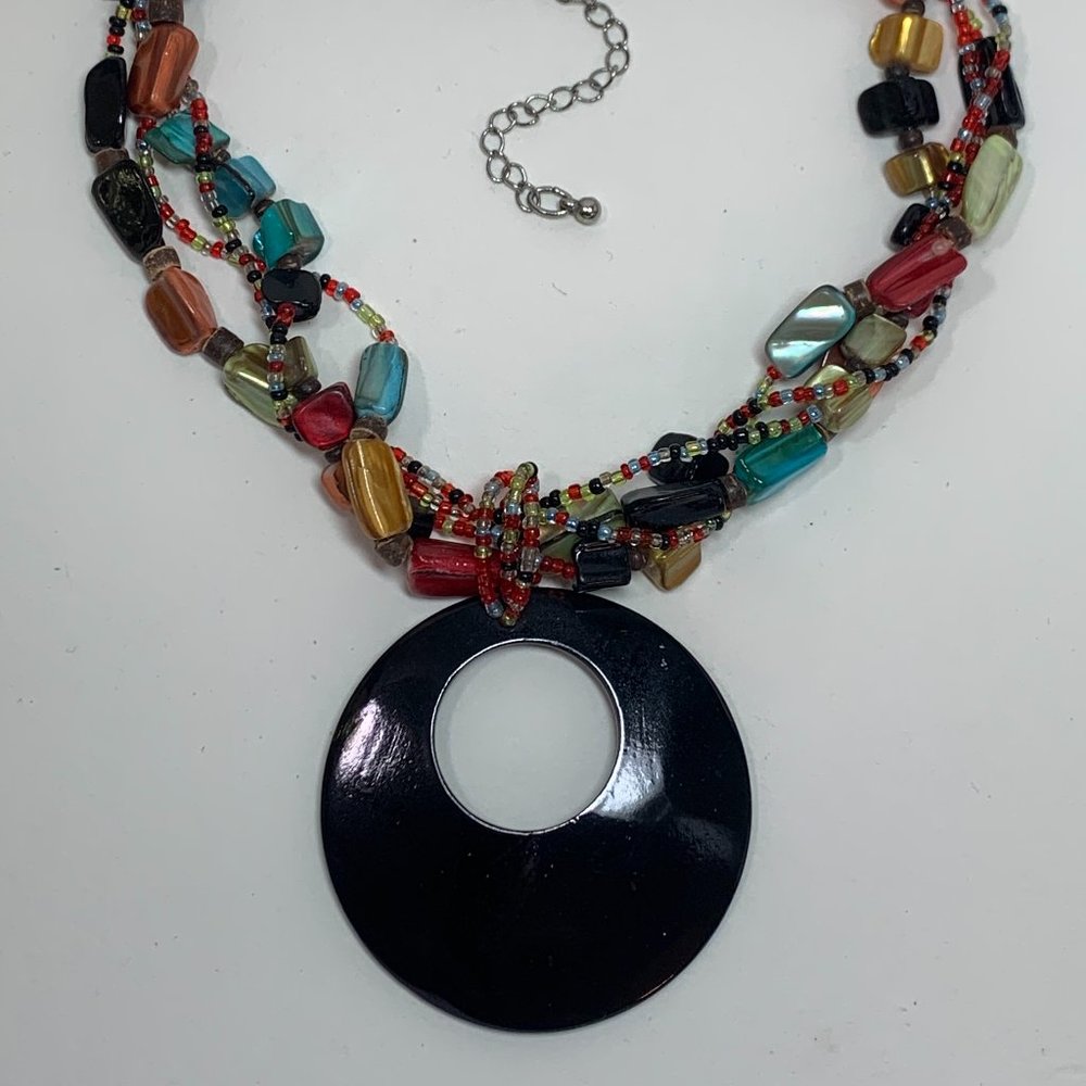 Multicolored Glass and Abalone Bead Pendant Necklace